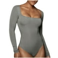 thumbnail image 2 of Elainilye Fashion Womens Bodysuit Long Sleeve Solid Color Square Neck Tight Fitting Cutout Jumpsuit Thong Shapewear,Gray, 2 of 8