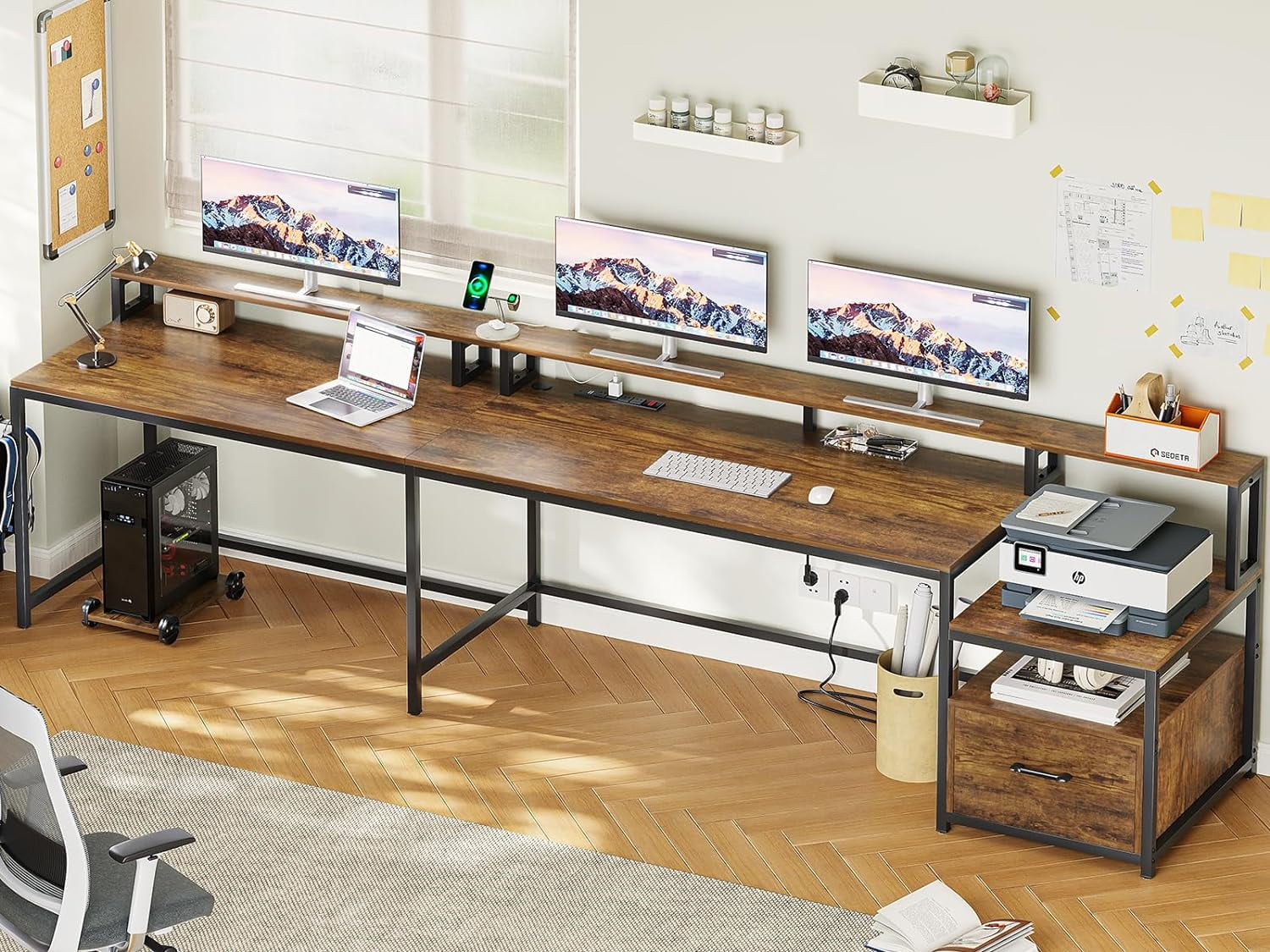 L Shaped Desk with Power Outlet and LED Lights, Corner Computer Desk with File Drawer for Home Office,  Gaming Desk,  Rustic Brown