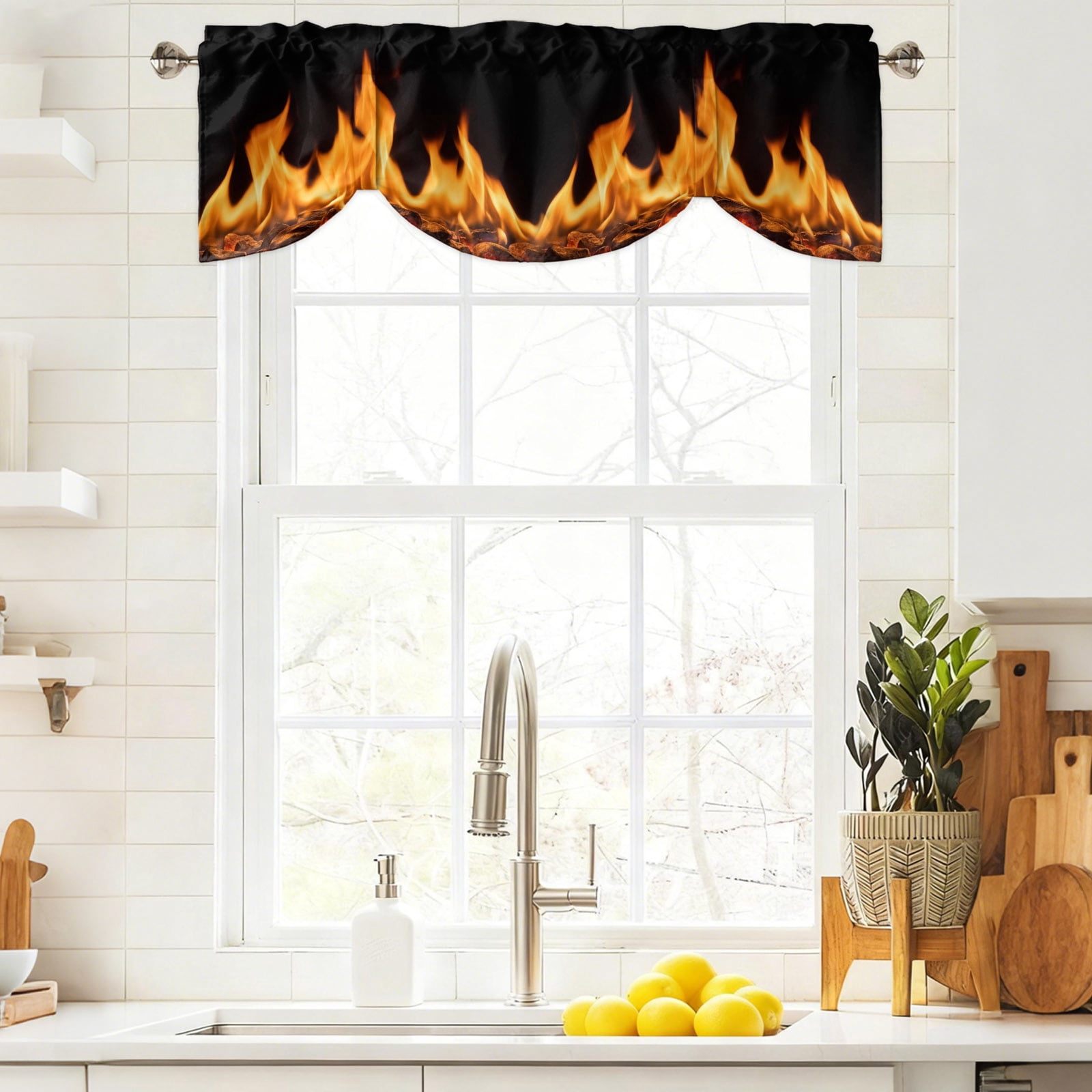 Orange Flames Tie Up Valances Curtain, Neon Style Black Background Kitchen Valances for Windows Decor, Rod Pocket Short Curtains Set for Bedroom/Bathroom, 54"x18"