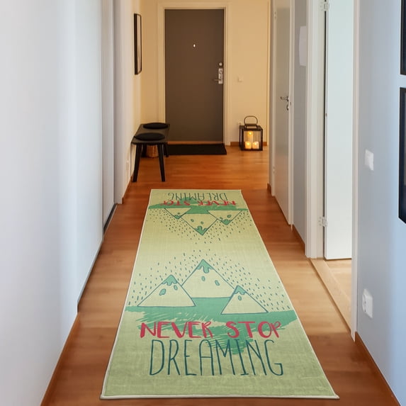 Saying Decorative Rug, Mountain Peaks and Never Stop Dreaming Goals Success Aspiration Print, Quality Carpet for Bedroom Dorm and Living Room, 6 Sizes, Sea Green, by Ambesonne