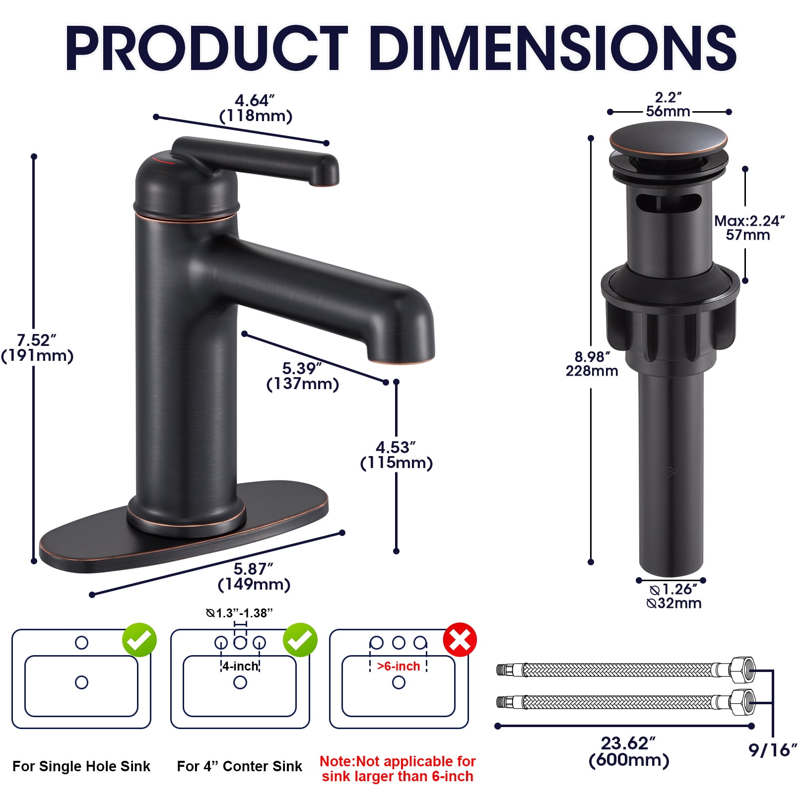 Wowkk Bathroom Sink Faucets Solid Brass Single Handle Bathroom Faucets with Deck Mount 1 Hole or 3 Hole and Supply Line, Straight Spout Vanity Faucet for RV Restroom Hotel, Oil Rubbed Bronze