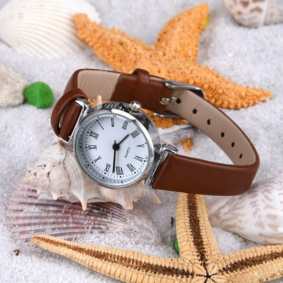 Reloj de pulsera Ecomeon para Mujer Cuero Retro Correa Café Esfera Blanca