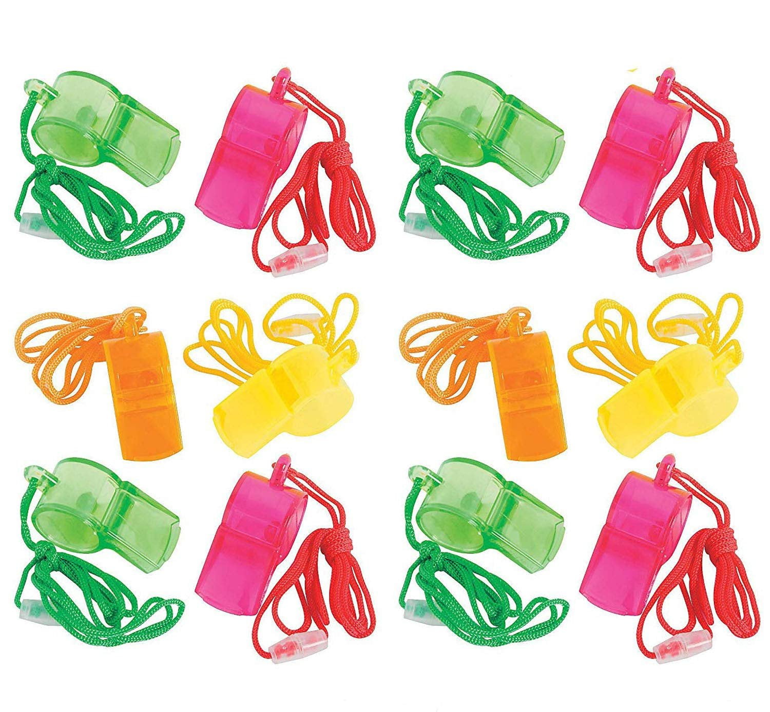 Pack Of 12 Plastic Transparent Whistles With Nylon Cord, Whistle Is 2