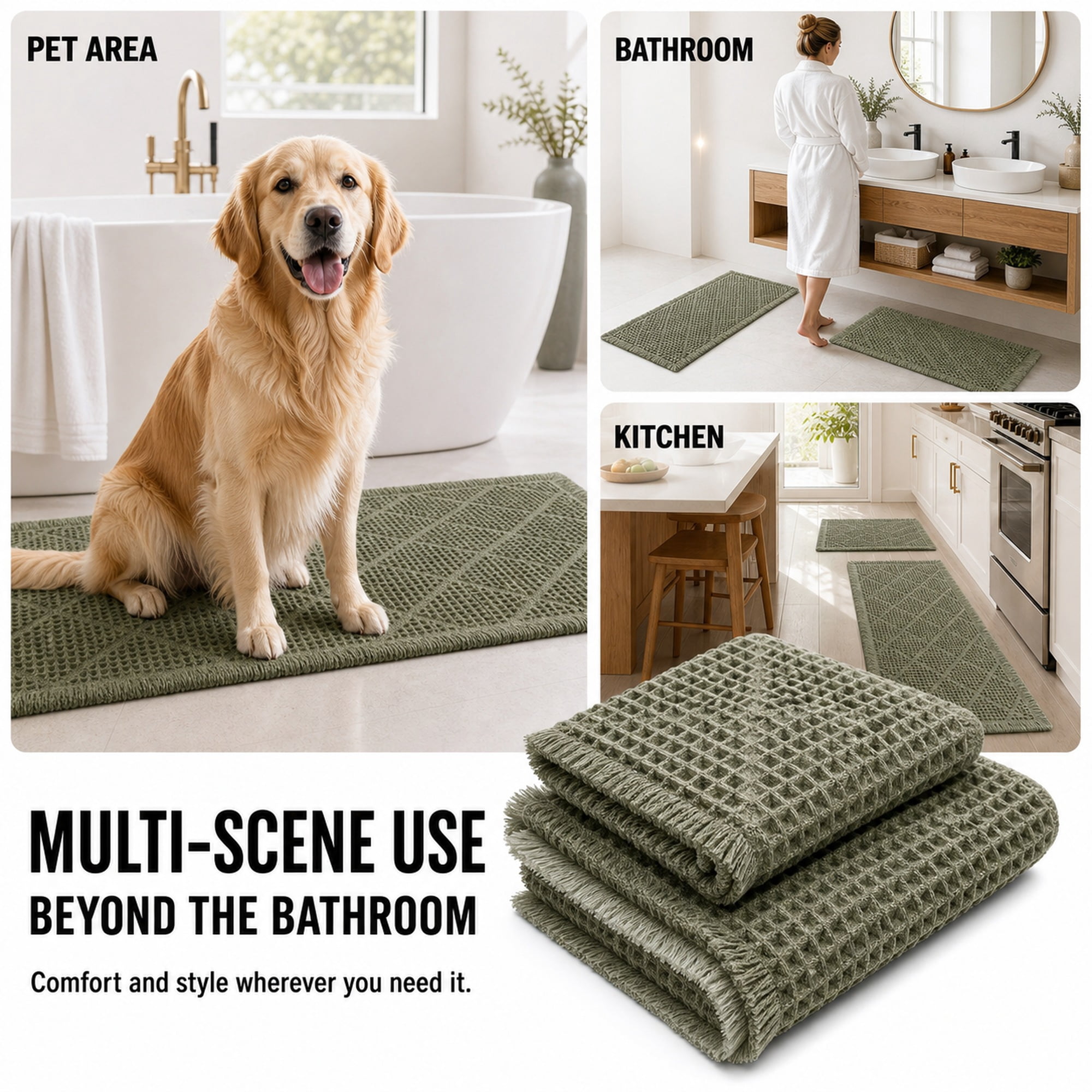 HBK 2 Piece Waffle Bath Mat Set, Non-Slip Bathroom Rugs, Absorbent & Machine Washable Shower Runner, Green, 20 x 47 and 18 x 30 Inches
