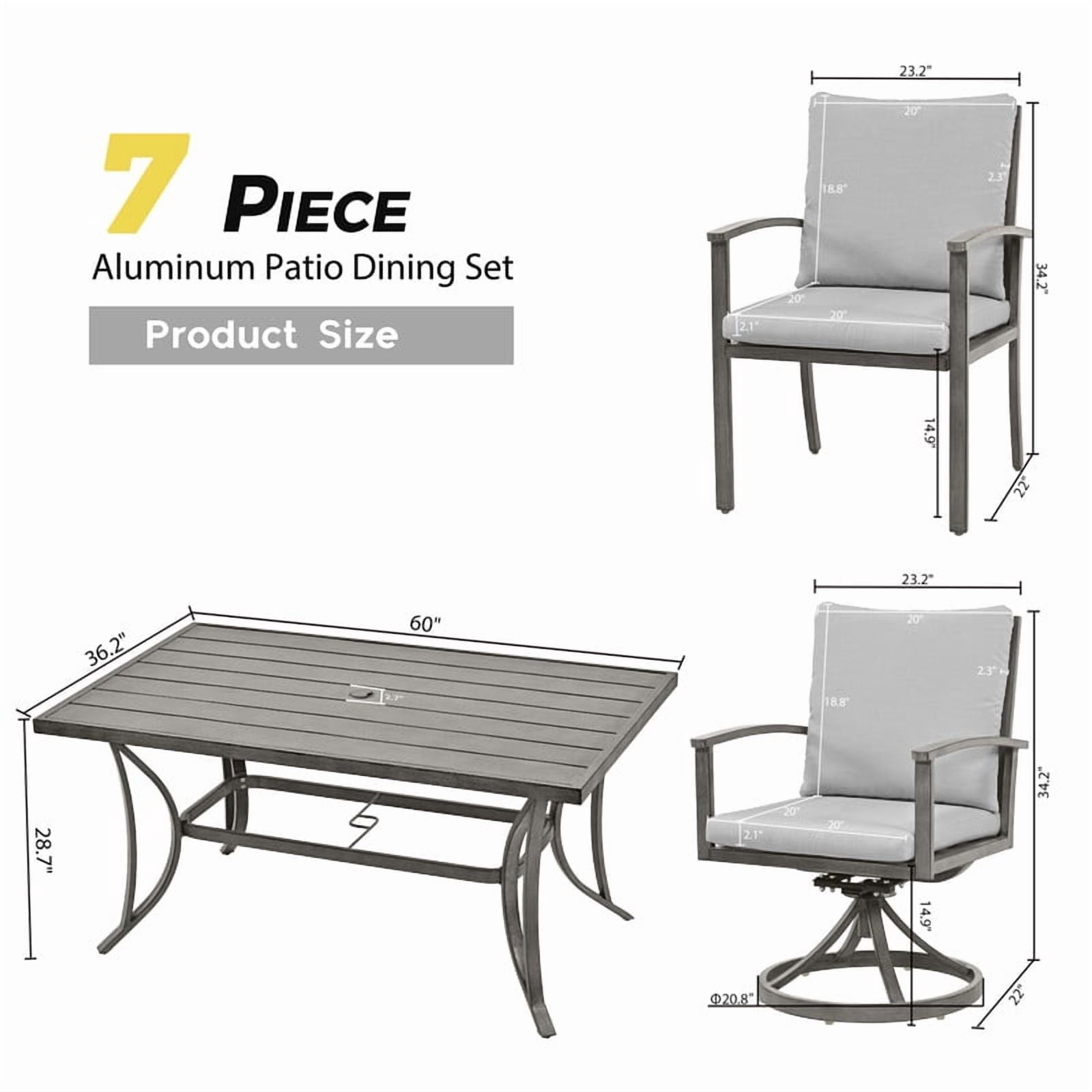 7-Piece Outdoor Dining Set, Aluminum Patio Dining Set for 6 Includes 1 Rectangular Table, 4 Dining Chairs, and 2 Swivel Chairs with Cushions