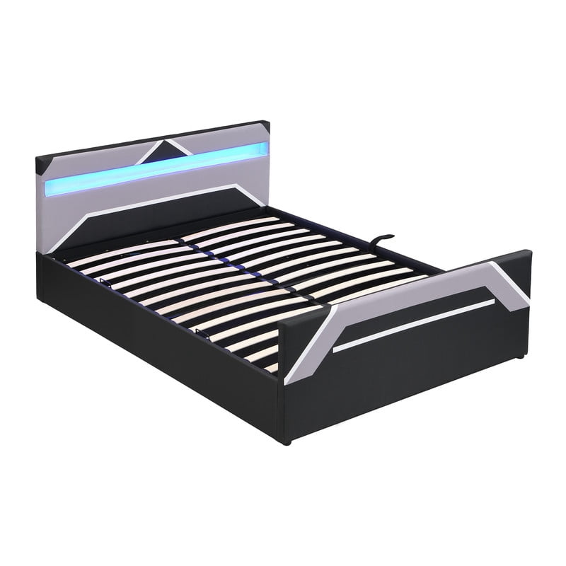 Queen Size Cyberpunk Style Low Profile Bed with LED Lighting Headboard, Hydraulic Storage Platform Bed Frame for Kids/Teens/Adults