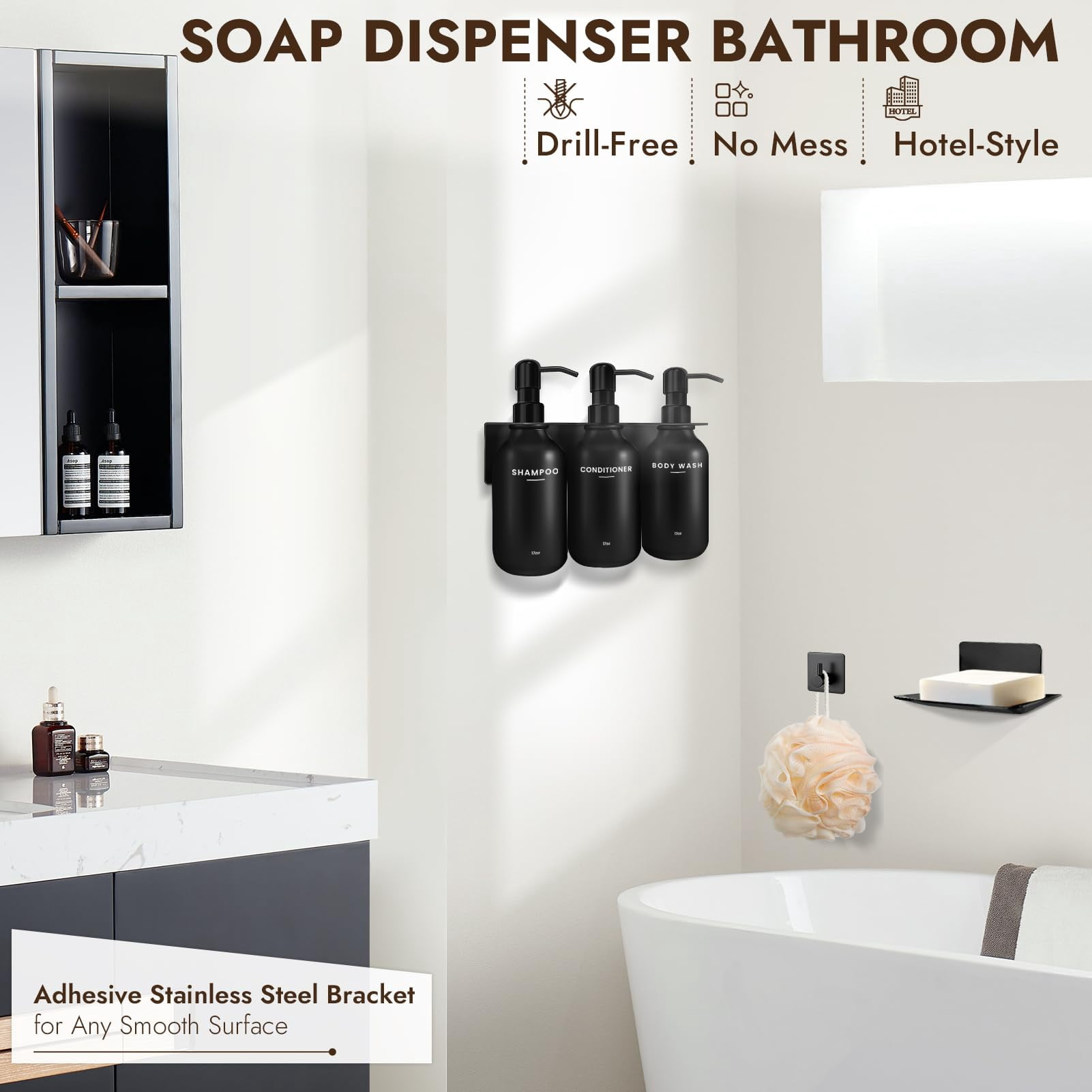 Shampoo and Conditioner Dispenser - Shower Soap Dispenser Wall Mounted - 17 fl oz Set of 3 Black Plastic Bottles with Plastic Pumps & No-Drill Adhesive Holders for Bathroom
