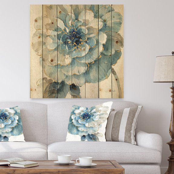 Designart 'Indigold Gold Country FLower' Cottage Country Print on Natural Pine Wood