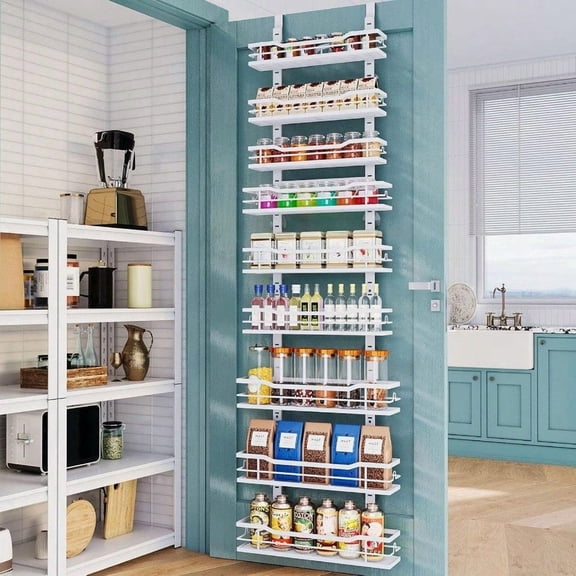 Over the door storage organizer, 9 tier metal pantry rack, adjustable shelves for kitchen spices, condiments, back of door, white