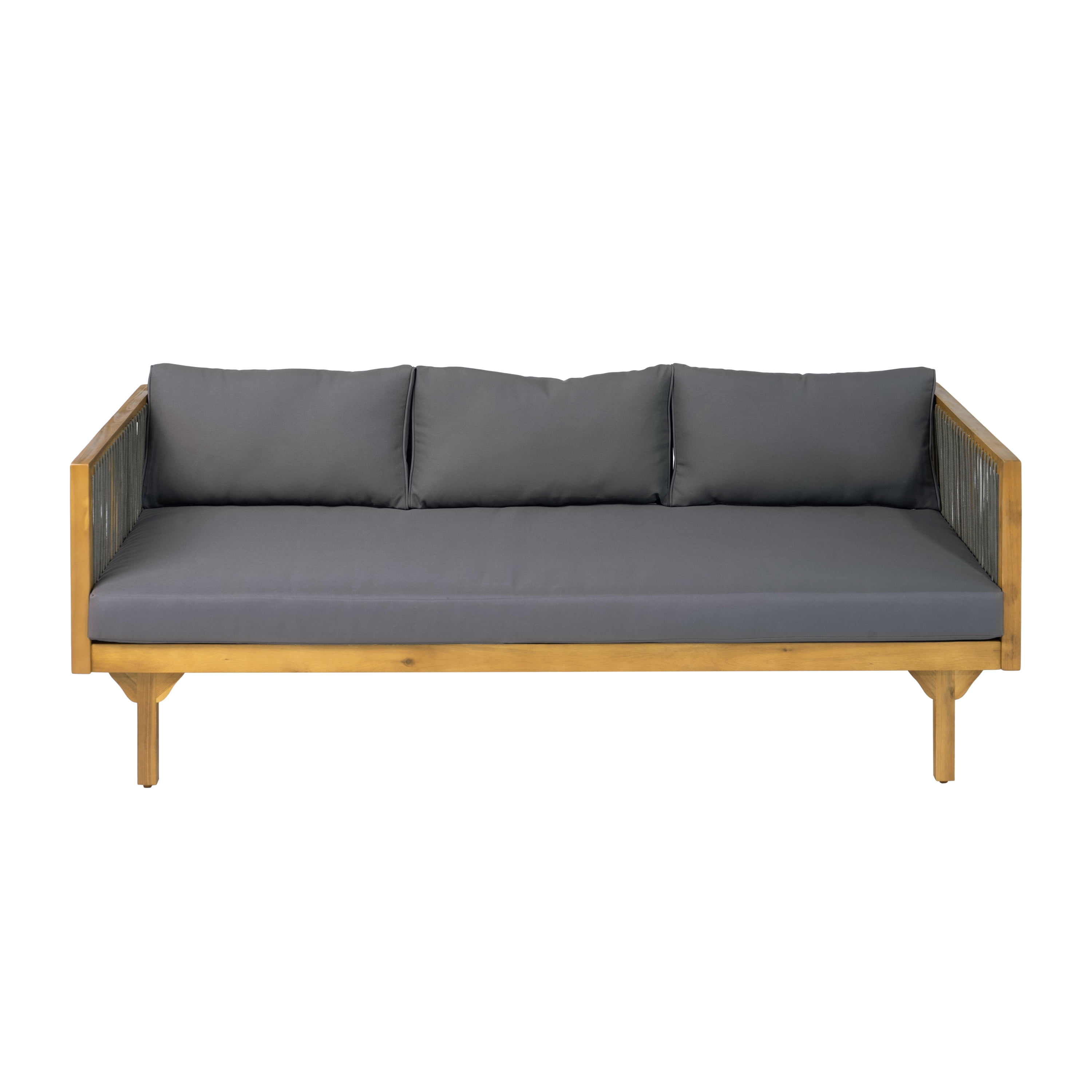 Patio Sofa, Outdoor Dark Grey Cushion Sofa with Grey Rope Acacia Wood for Garden Deck, Teak