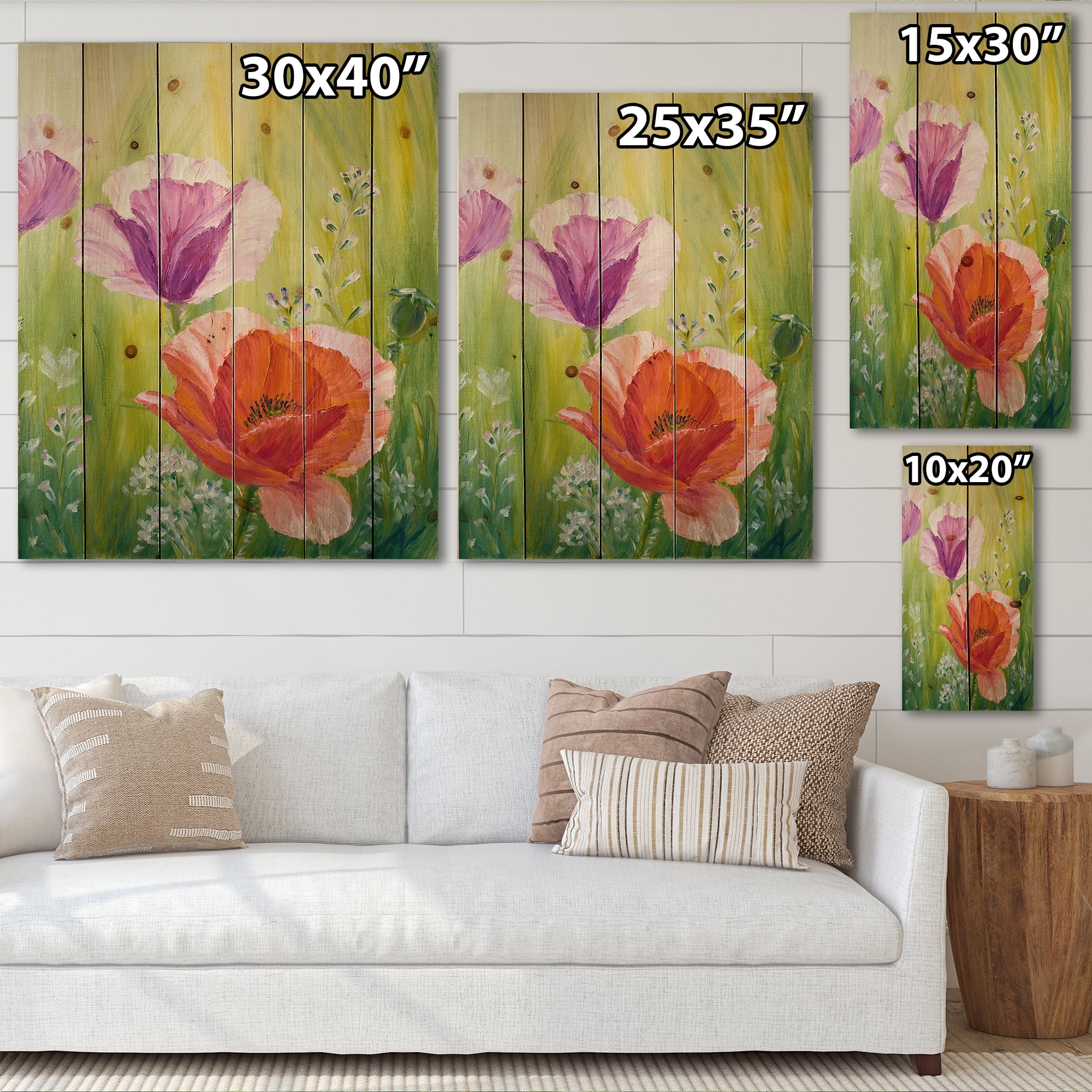 Designart 'Poppies In The Morning In Wild Green' Traditional Print on Natural Pine Wood