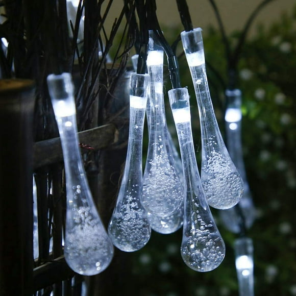 30 Led Solar Light String For Outdoor Use In The Shape Of Water Drops / Earth Drops / Rain Drops White.