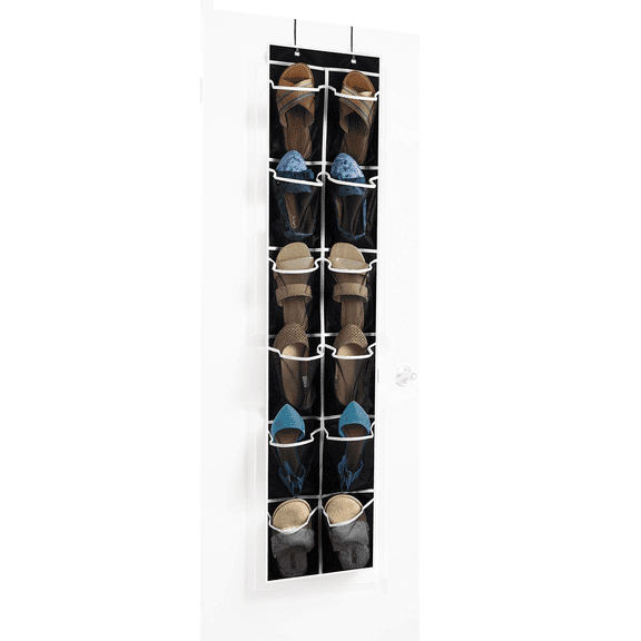 Over The Door Shoe Organizer - 12 Mesh Pockets, Space Saving Hanging Shoe Holder for Maximizing Shoe Storage, Accessories, Toiletries, Etc. No Assembly Required, Organizer for Shoes 57½” x 12”