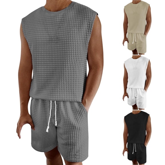 Abtuhar Men Leisure Solid Sleeveless Hoodless Casual Blouse and Pants Pajamas Set Set,Gray,XL