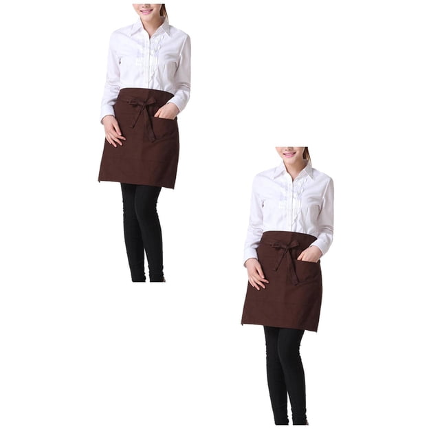 Oleegame 2PC Pretty Apron Adult Waterproof 2 Pockets Waterdrop Resistant Waitress Waist Apron Chef Apron Brown
