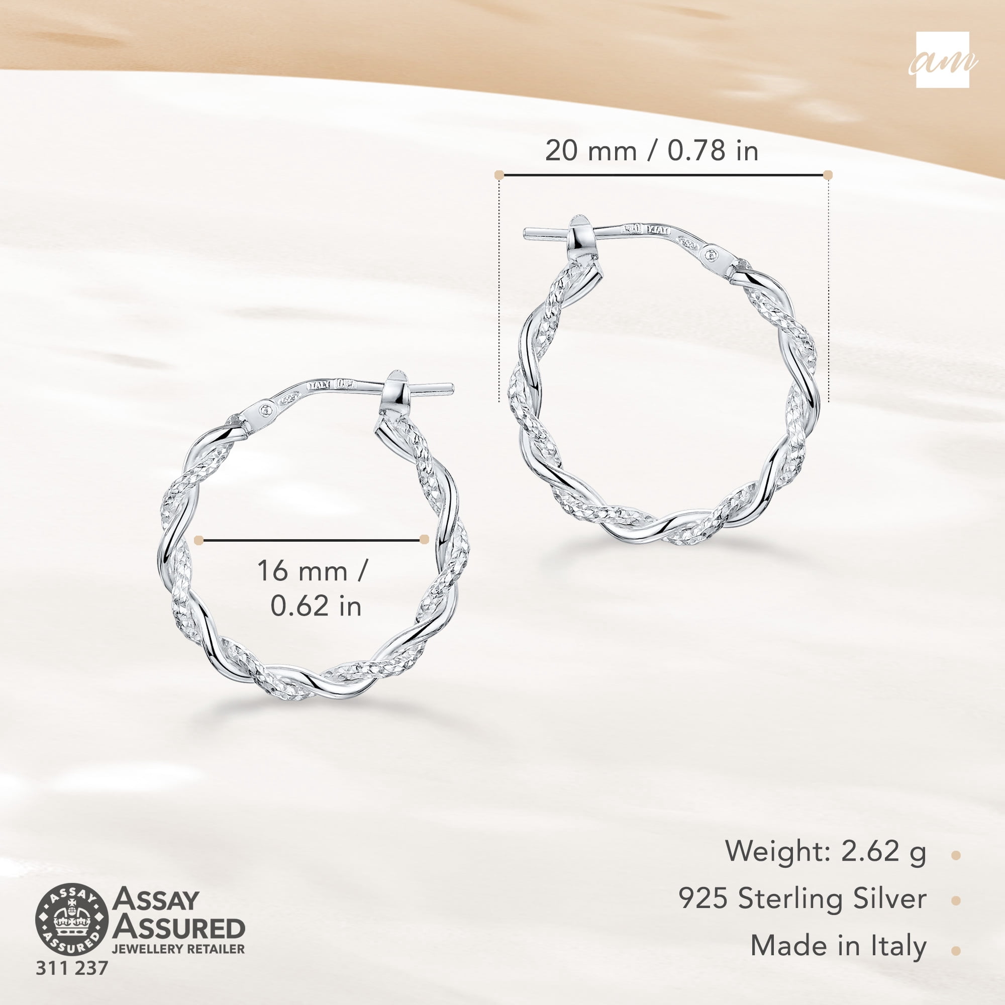 Amberta Italian 925 Sterling Silver Twisted Hoop Earrings for Women: Spiral Hoop Twist Earrings 20 mm