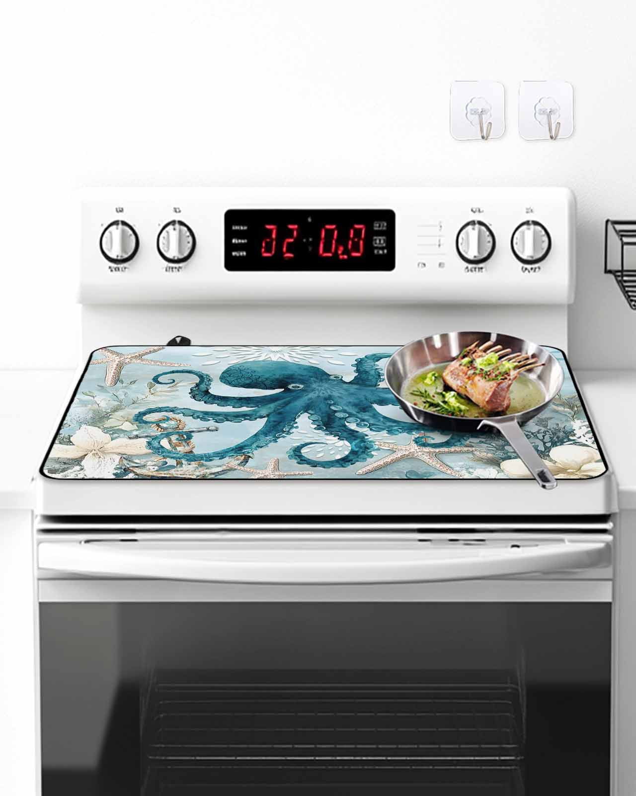 Stove Top Covers for Electric Stove, Octopus Blue Glass Stovetop Cover Protector, Coastal Starfish Nautical Anchor Flower Induction Cooktop Protector Oven Mat for Kitchen Countertop 31"x24"