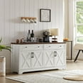 thumbnail image 6 of Tcbosik 61" Buffet Cabinet with Storage, Sideboard Cabinet with 2 Drawers and 4 Barn Doors, Modern Coffee Bar Cabinet with Adjustable Shelves for Kitchen, Dining Room, Living Room, White+Walnut, 6 of 10