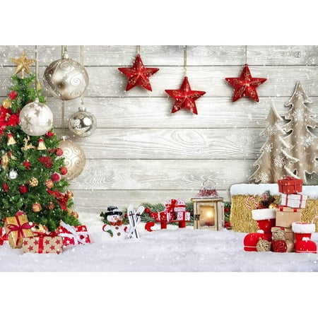 Image of SJOLOON Christmas Backdrop White Wood Floor with Snowflake Backdrop Christmas Tree Gifts Background for Christmas Party