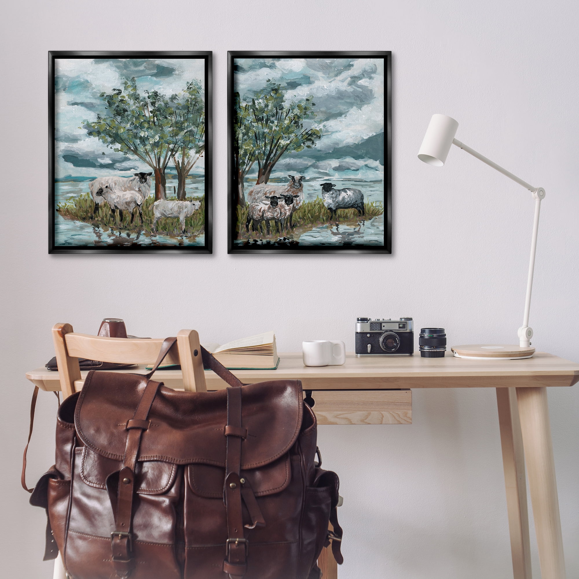 Stupell Industries Sheep in Field Landscape & Nature Painting Black Floater Framed Canvas Art Print Wall Art, 31 x 25, Set of 2