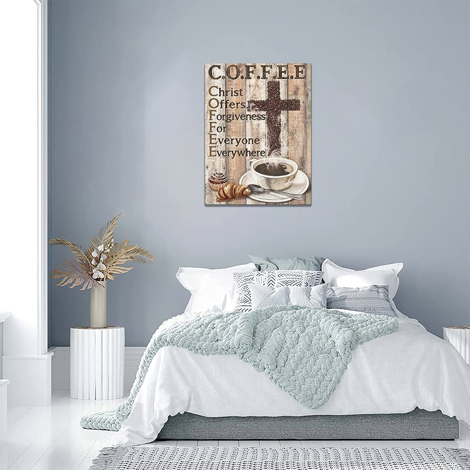 Christian Coffee Wall Art Coffee Bean Cross Pictures Wall Decor Rustic Kitchen Christ Coffee Painting Canvas Prints Inspirational Framed Modern Artwork Home Kitchen Dining Room Cafe Decor 12"x16"