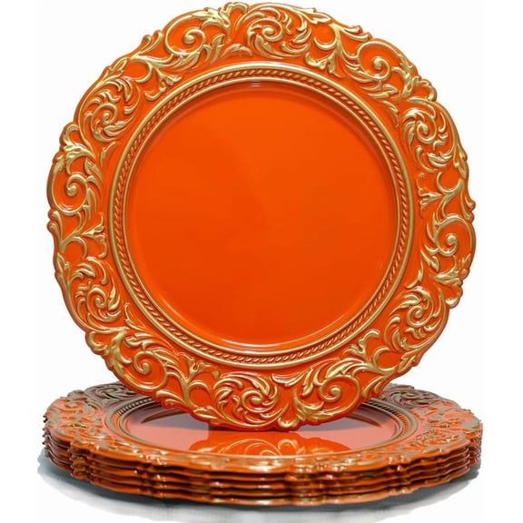 Orange Charger Plates with Embossed Rim, 13 Inch Plastic Charger for Dinner, Party, Wedding, Table Setting. (Set of 6)