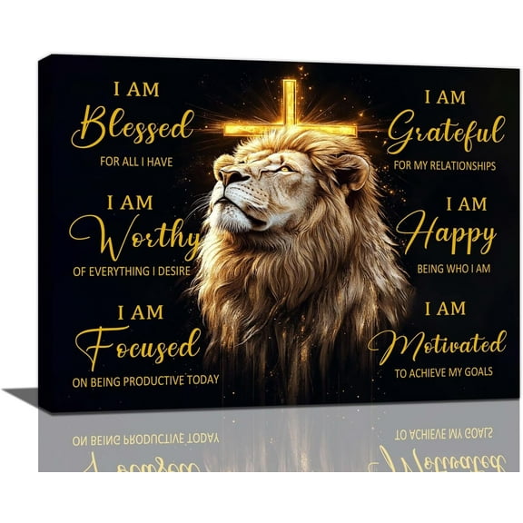 Aaheei Motivational Lion Wall Art Cross Christian Lion Pictures Decor Inspirational Canvas Black Golden Painting Modern Prints Artwork for Home Bathroom Bedroom Living Room