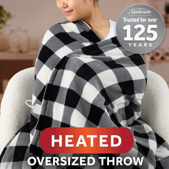 Sunbeam Electric Heated Throw Blanket Black Buffalo Plaid Faux Shearling 4 Heat Settings, 60x80
