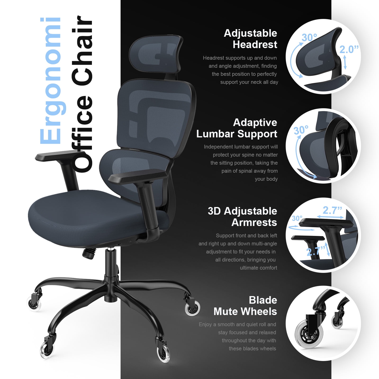 Lioncin Ergonomic Office Chair, Breathable Mesh Desk Chair, Lumbar Support  Computer Chair with Wheels and 3D Adjustable Armrest, Swivel Task Chair,Dark  Gray 