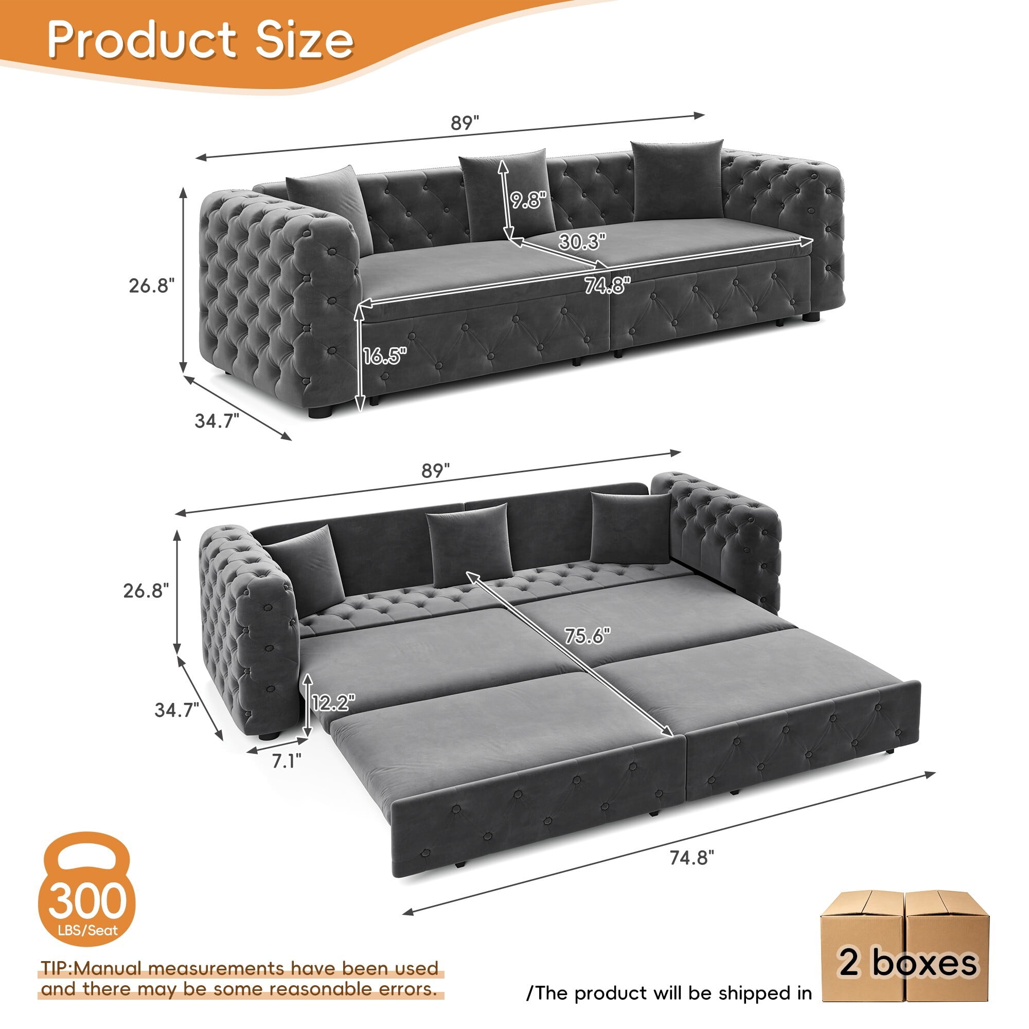 DEALTOPS 89 Inch Chesterfield Tufted Velvet 3 in 1 Pull Out Sofa Bed, 4 Seater Tuxedo Living Room Couch, Gray