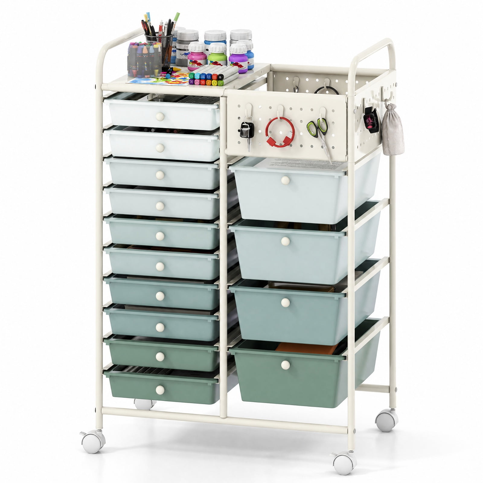 Furnibear 14 Drawer Rolling Storage Cart with Metal Tabletop Pegboard and Locking Wheels for Kitchen Office and Classroom Organizing, Gradient Green