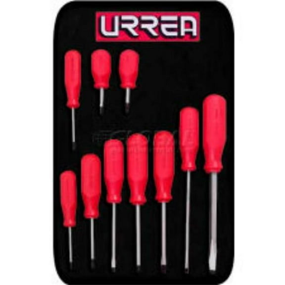 Urrea Professional Tools B992998 JBU03 Flat Cabinet & Phillips Tip Red Handled Screwdriver Set - 10 Pieces