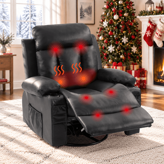 Delmango Recliner Chair for Elderly PU Leather Swivel Rocker Recliner Chair Massage Sofa Chair for Living Room Black