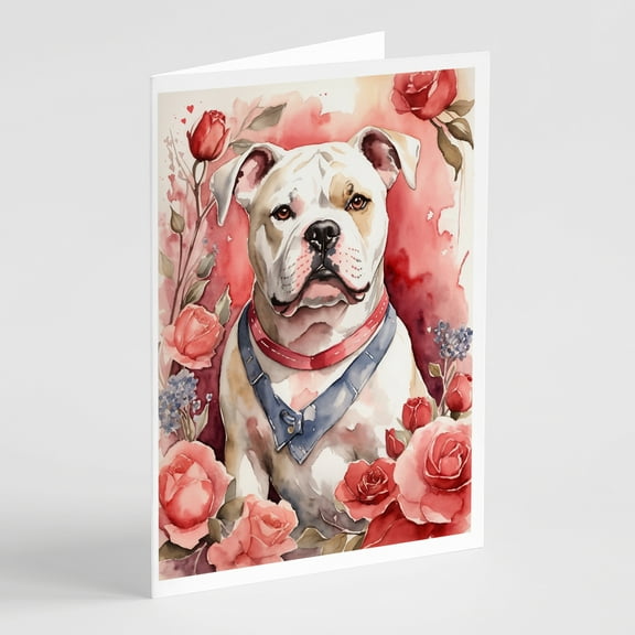 American Bulldog Valentine Roses Greeting Cards Pack of 8 7 in x 5 in