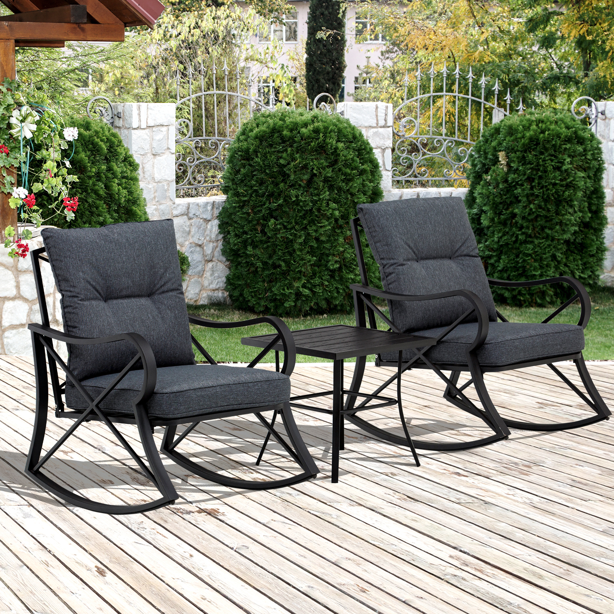 Outsunny 3-Piece Patio Bistro Set Outdoor Rocking Coffee Table Chair Set with Curved Base, Soft Cushions, Steel Frame, Black - image 2 of 9