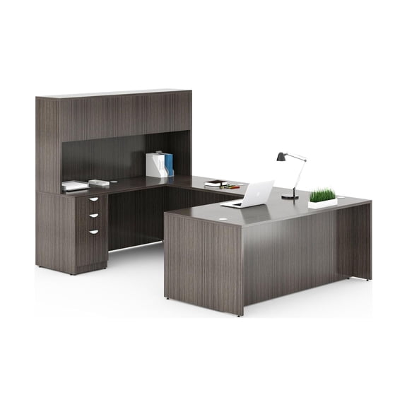 Pemberly Row U-Shape Desk Credenza with Pedestal and Hutch in Driftwood