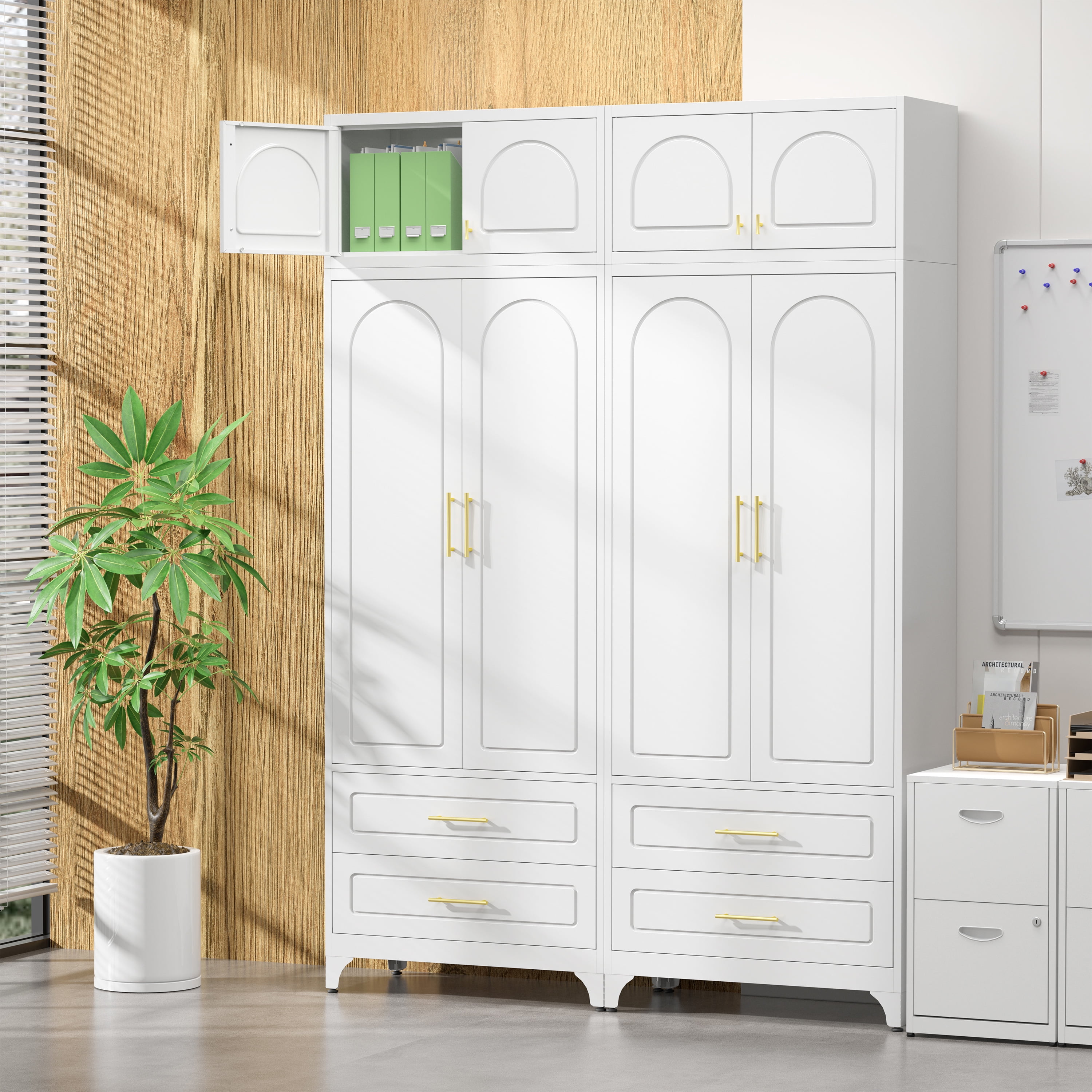 Polup 90" Tall Pantry Cabinet with Two Drawers, Kitchen Metal Storage Cabinets with Doors and Shelves,White, Assembly Required