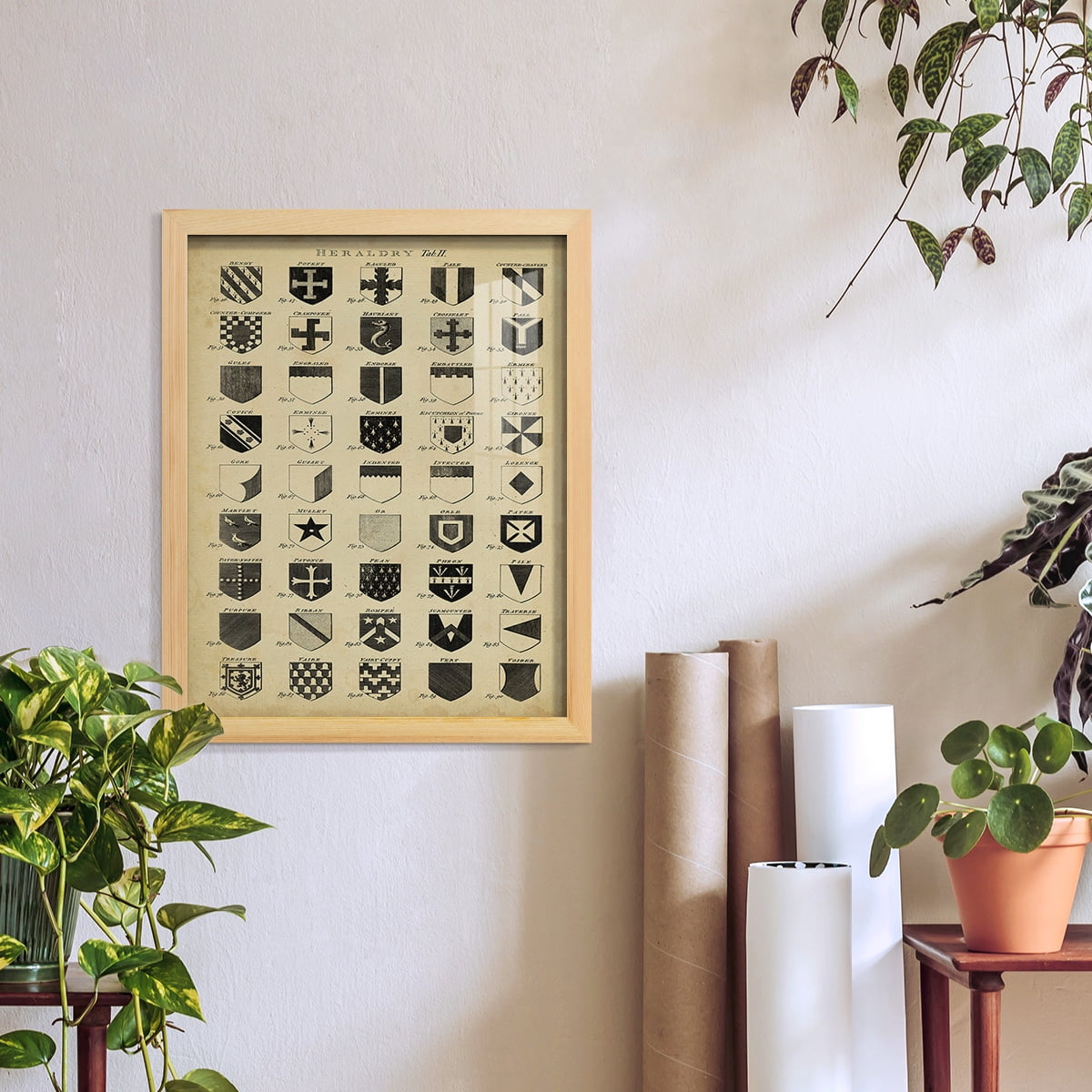 Vintage Heraldry II -Framed Print w/glass-Natural Wood