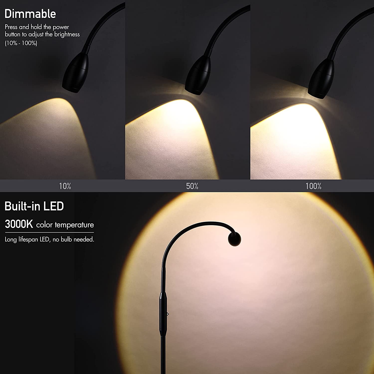 O’Bright Ray – Adjustable LED Beam Floor Lamp, Dimmable and Zoomable Spotlight, Flexible Gooseneck, Reading/Crafting Standing Lamp, Work Table Light, Black