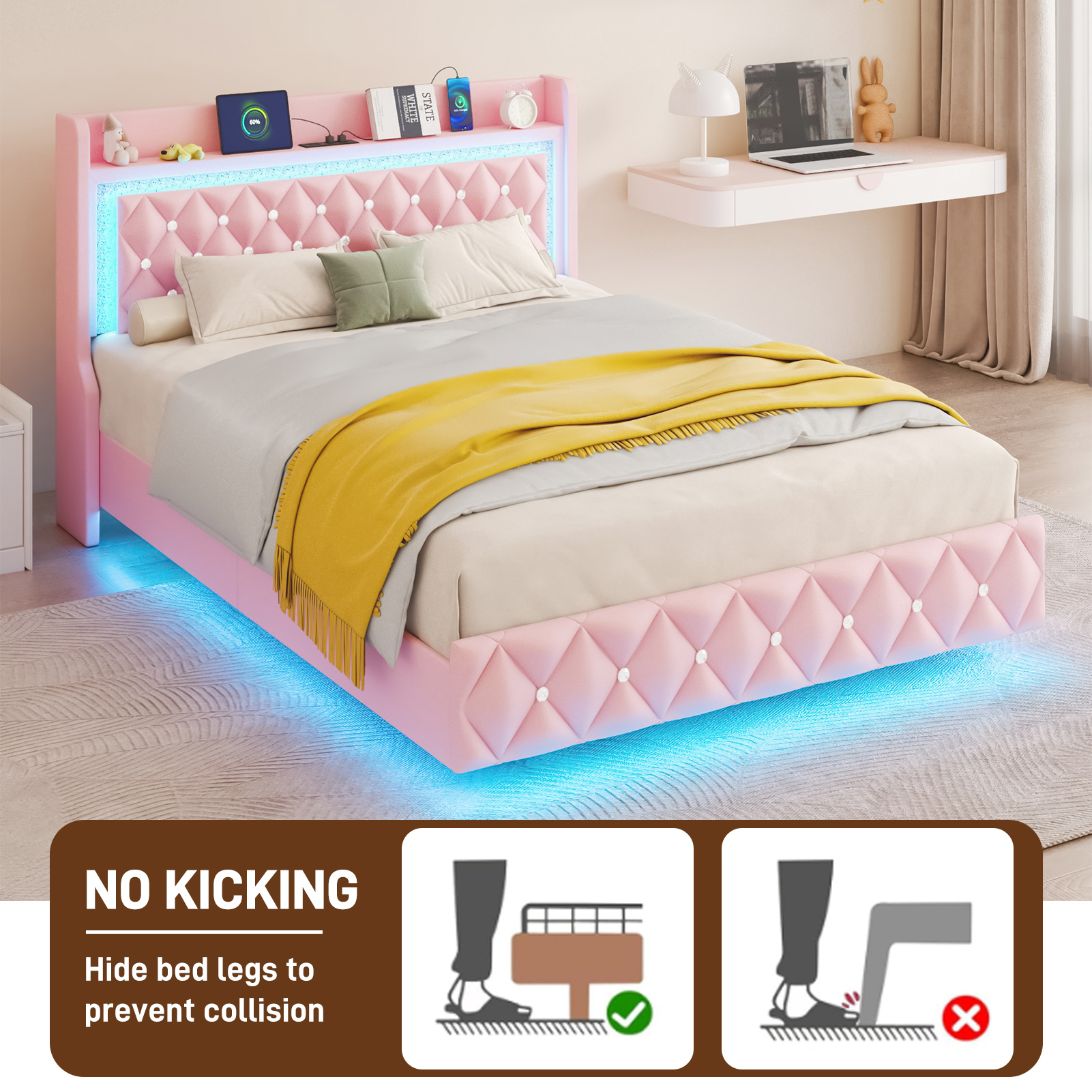 Blotout Floating Queen Bed Frame with LED Lights&Power Outlet, Upholstered Pu Leather Platform Bed with Diamond Tufted Storage Headboard & Footboard, No Box Spring Needed, Noise Free, Pink