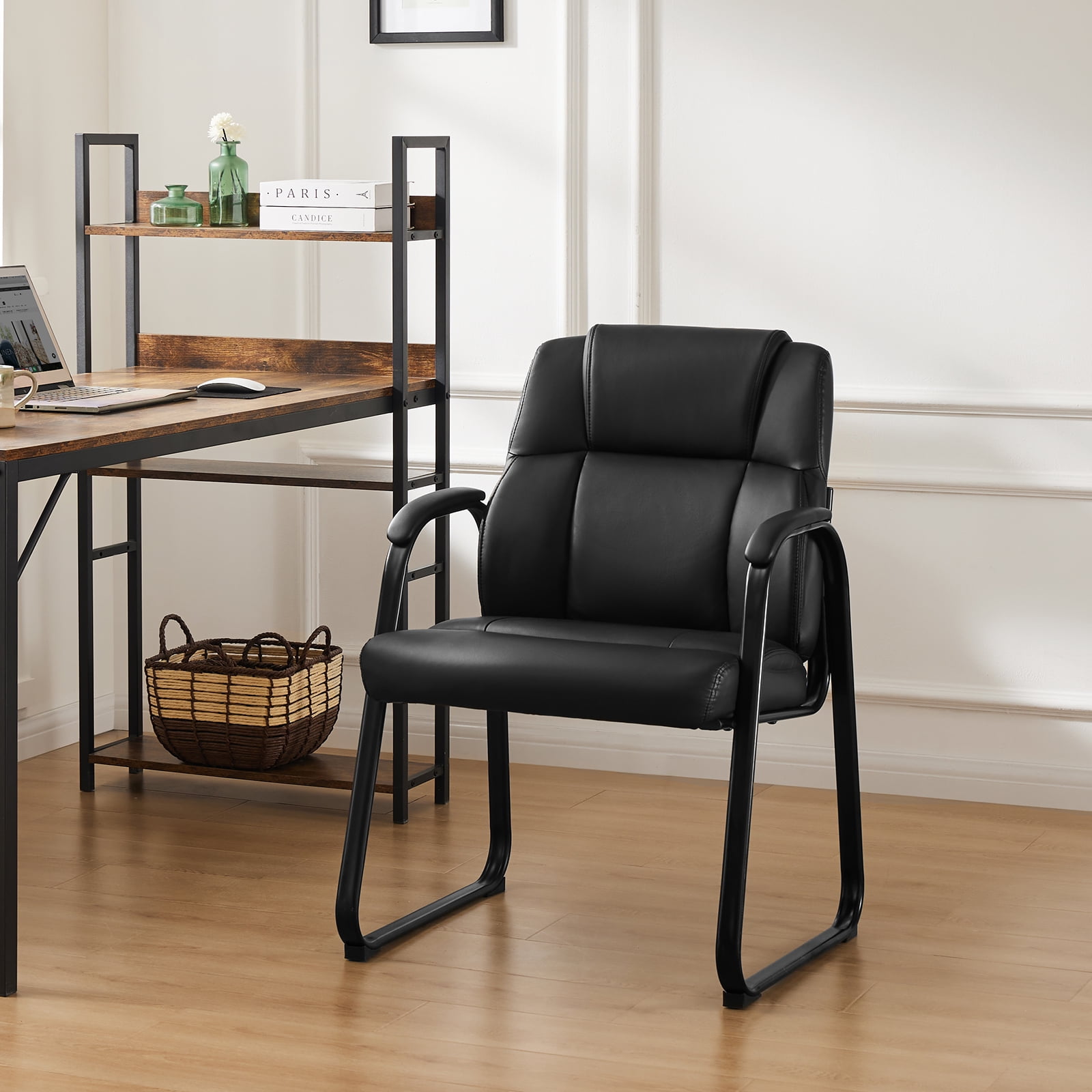 MAYEERTY Guest Chair, Reception Chair with Fixed PU Leather Padded Armrests for Office Waiting Room, Black, 1 Pack