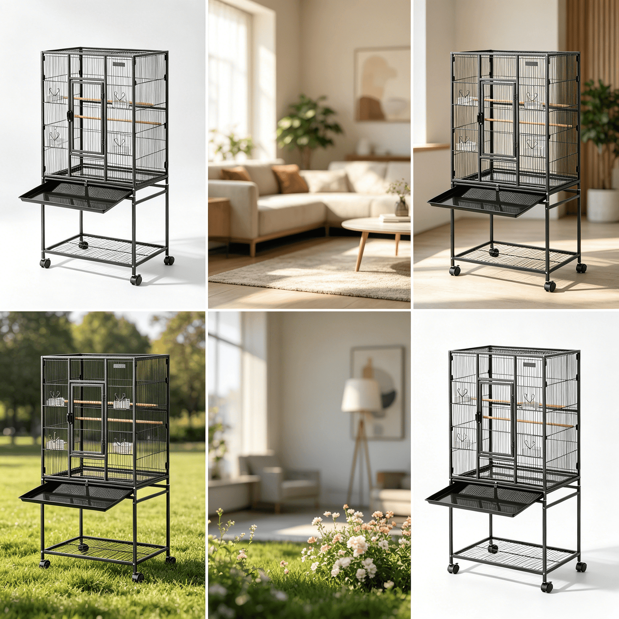 JERFIT Large Bird Cage for Parrots, Cockatiels, Conures, Budgies - Black Wrought Iron Flight Cage with Stand, Wheels, Feeders & Play Top