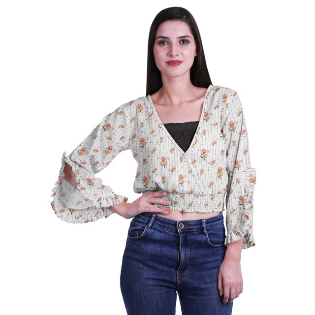 Moomaya Printed Womens Crop Top Wrap Style Top Wear Ruffle Long Sleeve Casual Summer Blouse