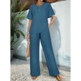 thumbnail image 2 of Womens V Neck Two Piece Set Short Sleeve Top and Casual Long Pants Fashion Slimming Outfit Blue XL, 2 of 7