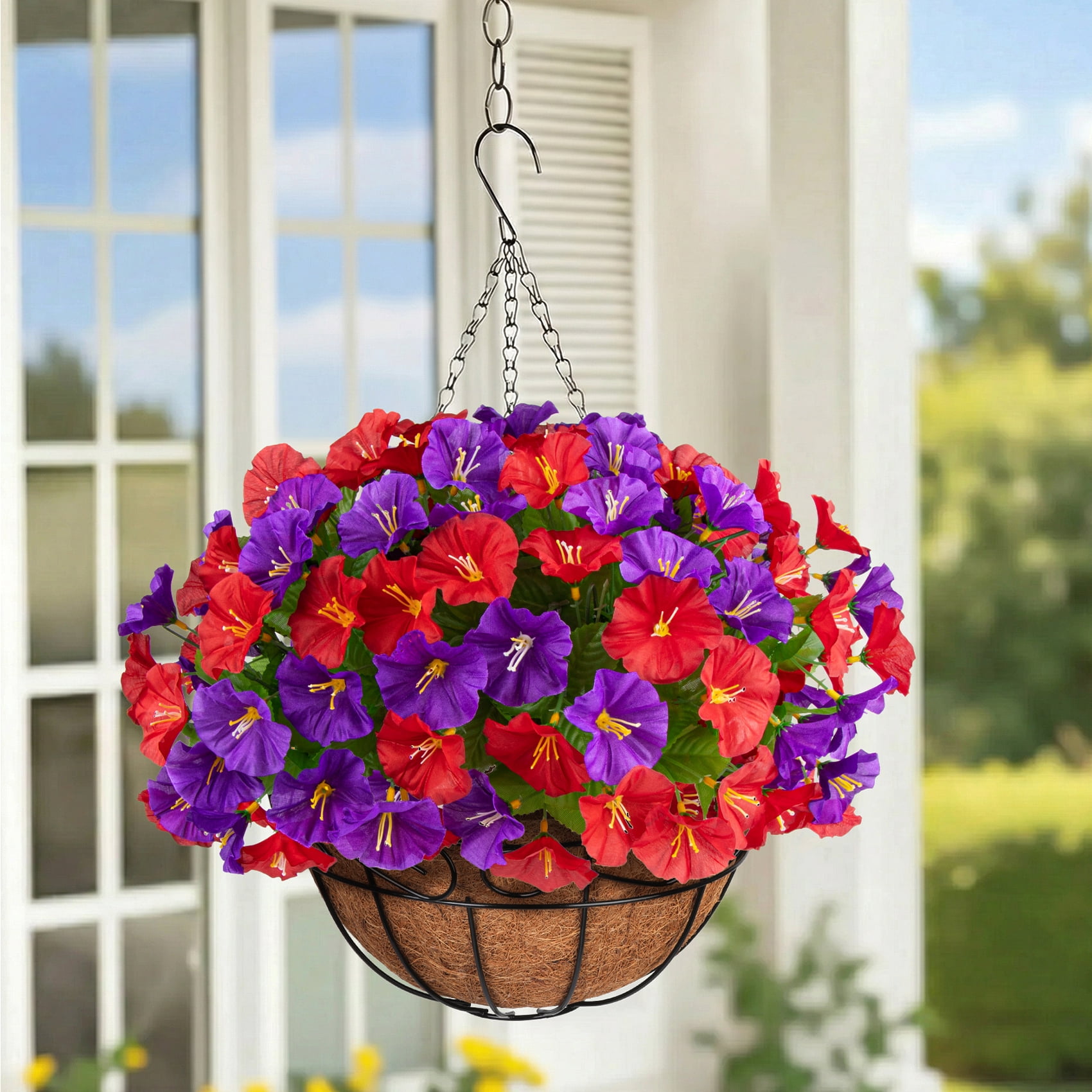AcerichFad Artificial Hanging Flowers, 4 PCS Fake Silk Flowers Faux Plants with Coconut Basket for Spring Summer Indoor Outdoor Home Decor, Red Purple