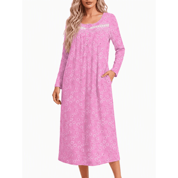 Oudiya Women's Long Sleeve Nightgowns Button Sleepshirts Long Sleepwear Full Length Sleep Dress with Pockets, S-3XL
