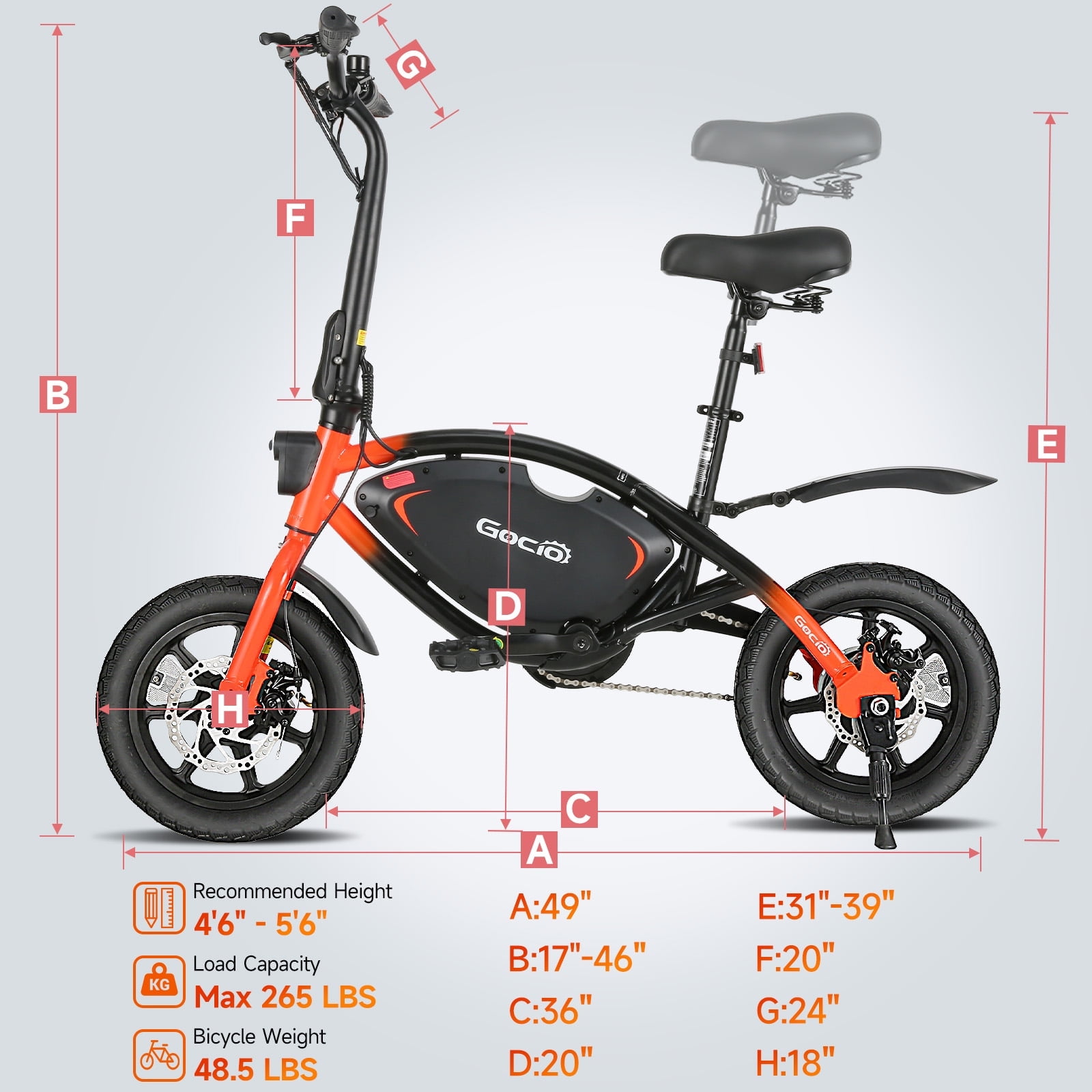 Gocio 14" Foldable Electric Bike, 375Wh 48V Electric Bicycles for Adults Women Teens, Peak 500W City Commuter Cruiser Ebikes, LED Display, E bike One-Piece Tire with 5 Riding Modes UL2849 Certified