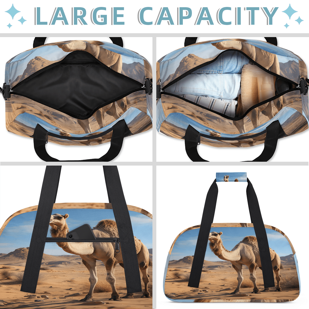 Herdesigns Animals Camel Sports Duffle Bag for Women & Men, Wildlife Animal Gym Bag Dance Bag Overnight Bag Carry On Weekender Travel Bag