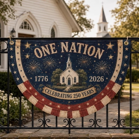 Patriotic Half Fan Banner Flag Vintage Country Church Stars Firework Gift for Proud Christian Patriots America 250 Years Celebration In 2026