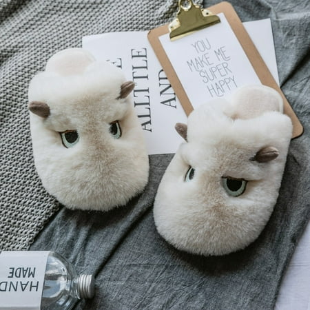 

CoCopeanut Winter Home Women Fur Slippers Cute Cartoon Monster-eyes Fuzzy Indoor Ladies Slides Warm Plush House Couples Fluff Slippers